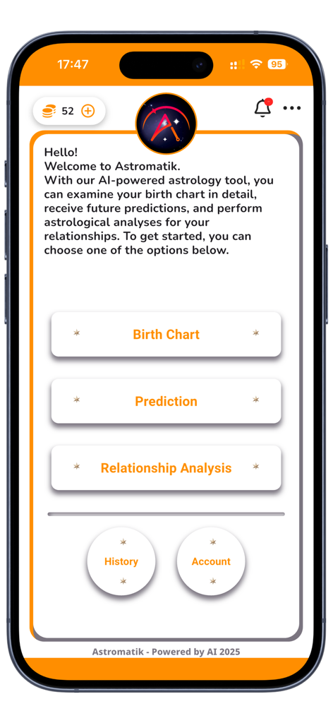 Astromatik app home screen with options for birth chart prediction and relationship analysis