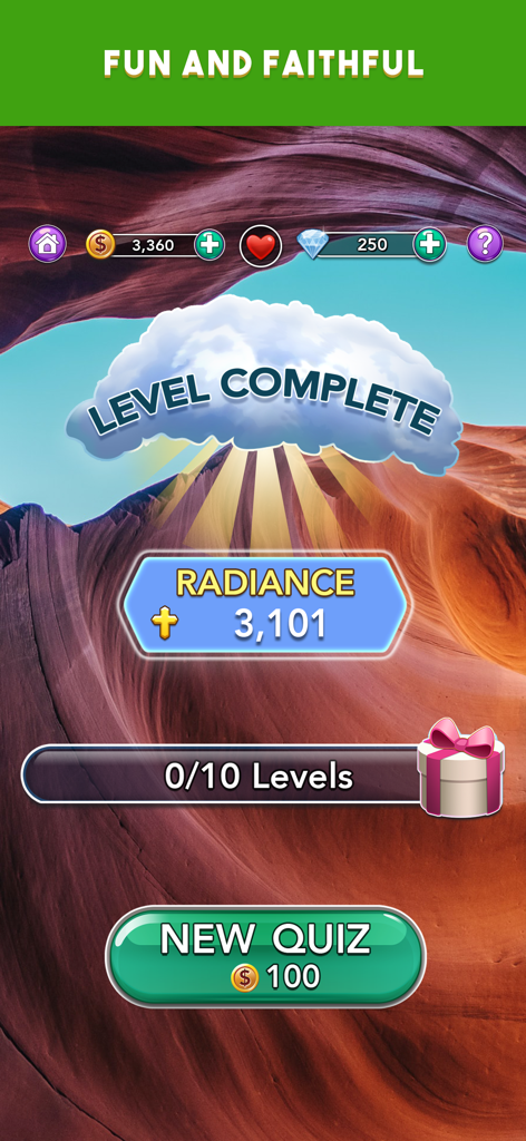 Daily Bible Trivia: Quiz Games - Level complete screen in Daily Bible Trivia showing points earned and next quiz button