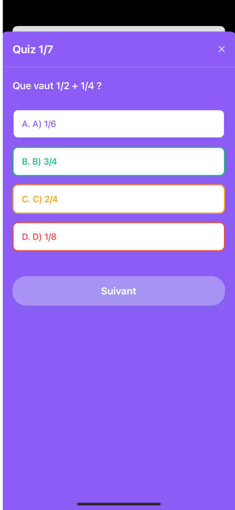 Tutori - A math quiz question about fractions on the Tutori mobile app.
