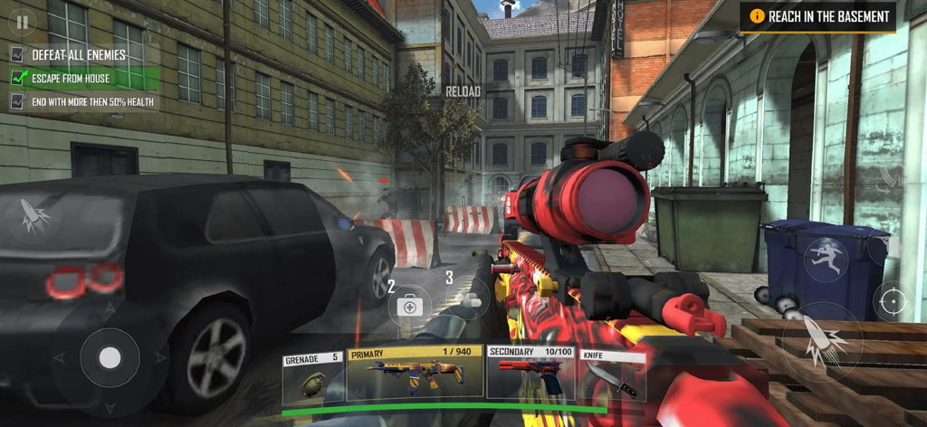 First-person view of a player holding a scoped rifle in a city street combat mission
