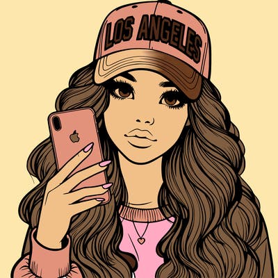 realistic beautiful girl wearing los ángeles cap holding an iphone