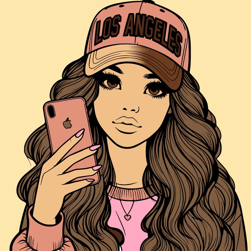 realistic beautiful girl wearing los ángeles cap holding an iphone