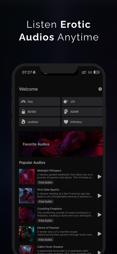 Bang: Erotic Sex Stories App - Interface of the Bang Erotic Sex Stories app showing categories like ASMR and Intimacy and a list of popular audio stories