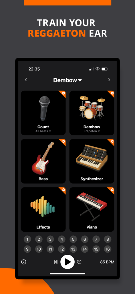 Reggaeton Rhythms - BeatLab - App interface of Reggaeton Rhythms showing instrument isolation for ear training with icons for dembow, bass, and synthesizer