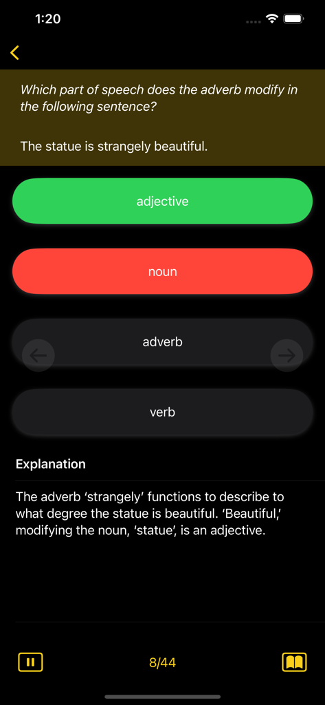 A screenshot of a grammar quiz question about adverbs modifying adjectives with a detailed explanation section.