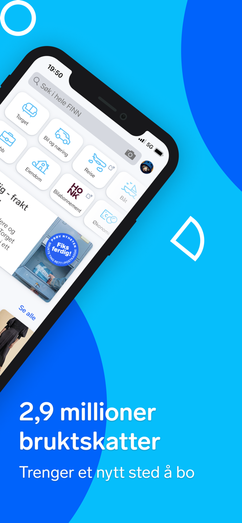 Finn.no mobile app screen showing marketplace categories for used items property and cars