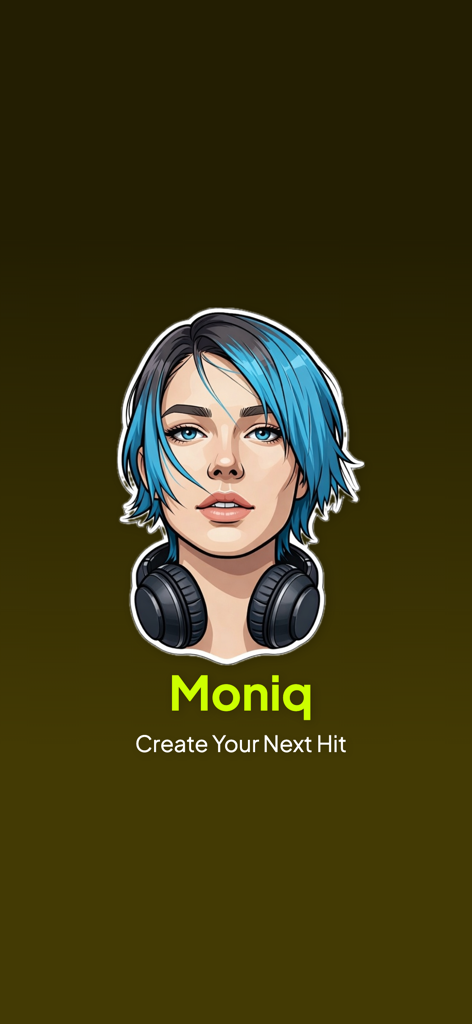Moniq - Pantalla de inicio de la app de creación musical con IA Moniq, con una mujer ilustrada de pelo azul usando auriculares y el lema Crea Tu Próximo Éxito