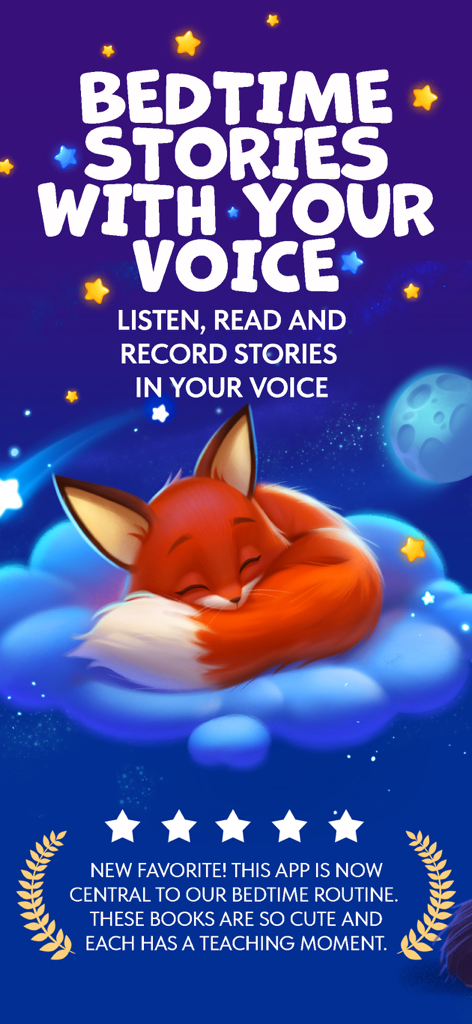 Kidabook App-Bildschirm, der einen schlafenden Fuchs zeigt und personalisierte Sprachaufnahmen für Kindergeschichten bewirbt
