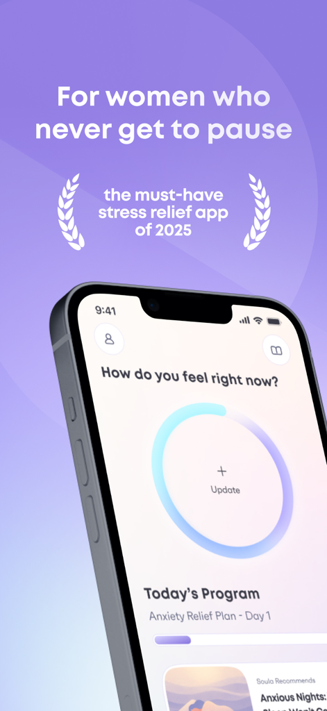 Interfaz de la aplicación Soula AI Therapist que presenta un plan de alivio de la ansiedad para mujeres