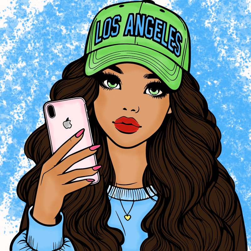 realistic beautiful girl wearing los ángeles cap holding an iphone