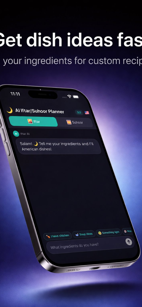Interfaz de chat de la aplicación Planificador AI de Iftar y Suhoor mostrando opciones de sugerencias de comidas para Ramadán.