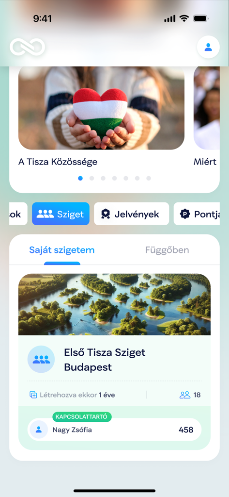 TISZA Vilag app screen showing a local community group in Budapest with points and badges