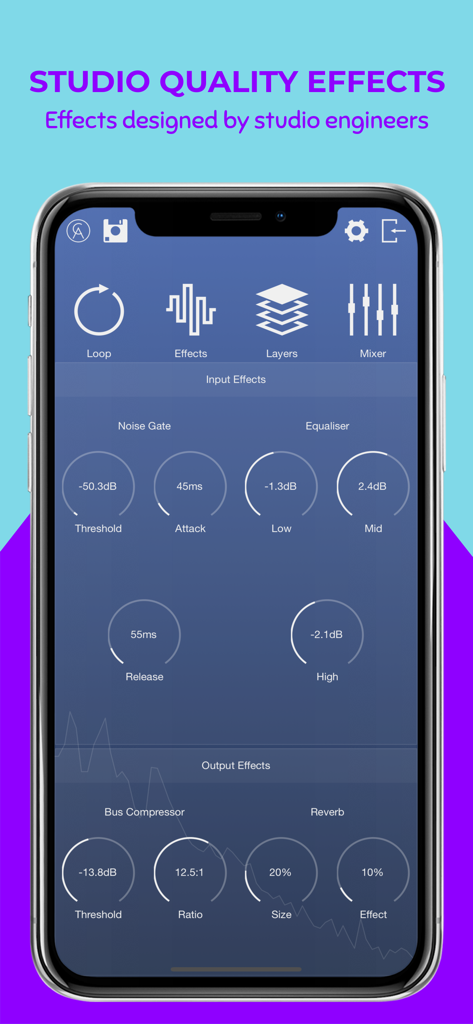 Interface of the One Loop app showing studio quality audio effects including noise gate, equaliser, bus compressor and reverb controls