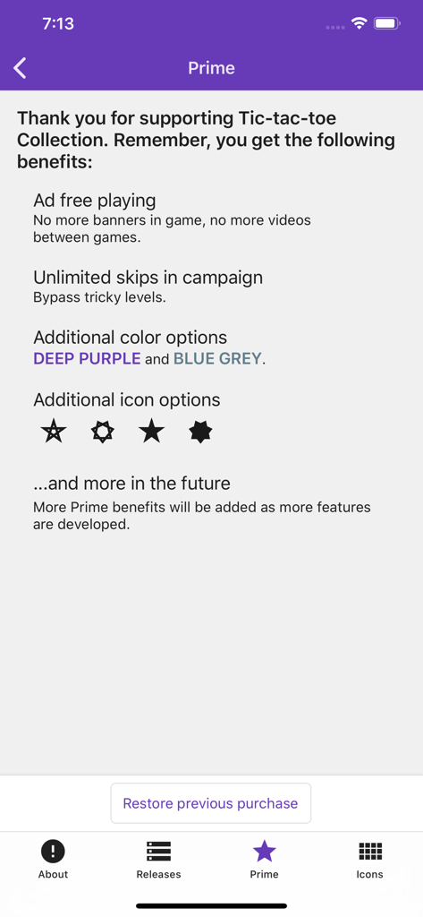 Tic Tac Toe Collection - The Prime membership screen in the Tic Tac Toe Collection app listing premium benefits