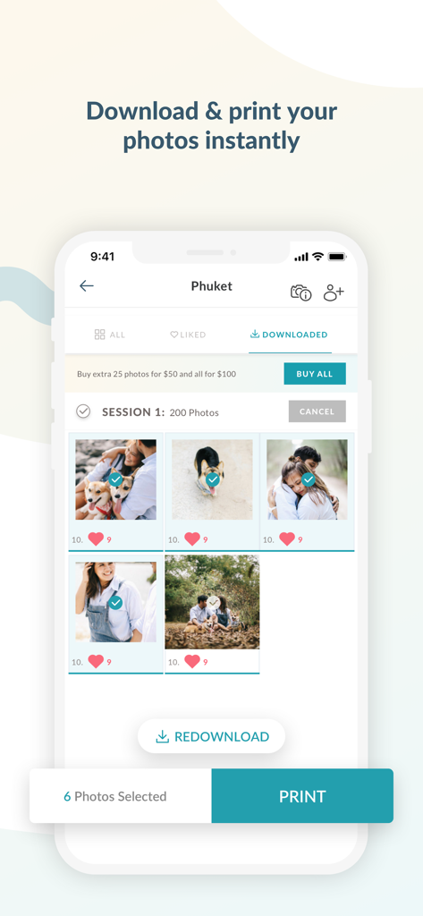 SweetEscape - SweetEscape app screen showing a photo gallery from a Phuket photoshoot with options to download and print images