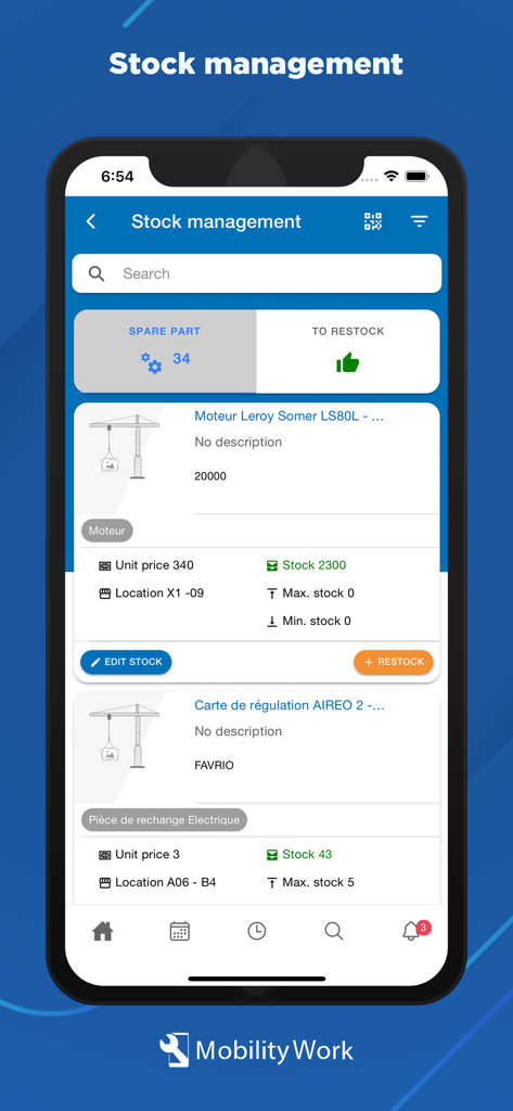 Mobility Work - Interface de l'application Mobility Work montrant la gestion des stocks industriels et le suivi de l'inventaire des pièces détachées.