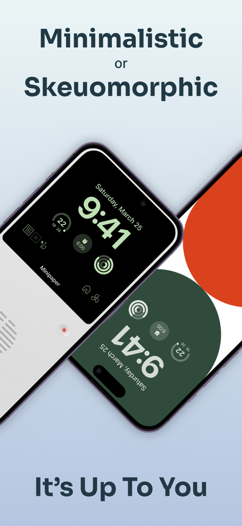 Minipaper: Wallpaper Maker - Zwei iPhones, die minimalistische und skeumorphe Sperrbildschirm-Hintergrundbilddesigns von der Minipaper-App zeigen.