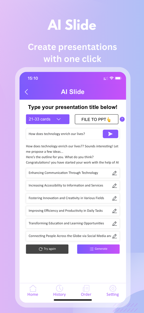 Smallppt App-Oberfläche, die eine KI-generierte Präsentationsübersicht auf einem mobilen Bildschirm zeigt.