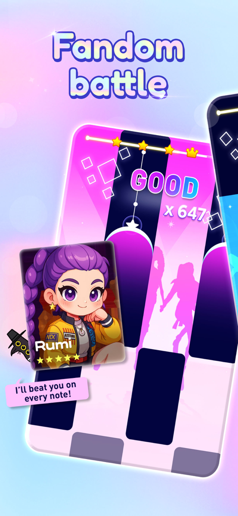 KPOP Piano Beat: Music Game - Gameplay de KPOP Piano Beat mostrando o modo Fandom Battle com peças de ritmo e um cartão de personagem
