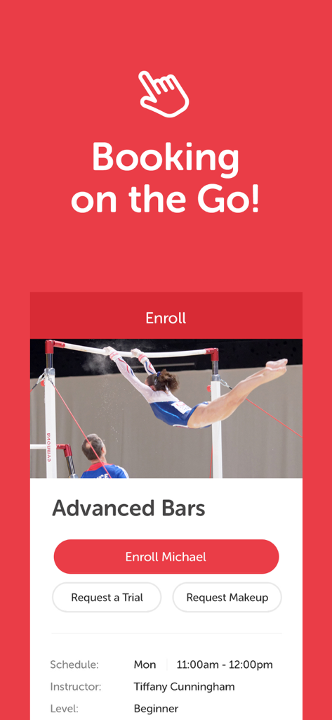 The iClassPro App - Pantalla móvil de la aplicación iClassPro que muestra una página de inscripción a clases de gimnasia con opciones de reserva