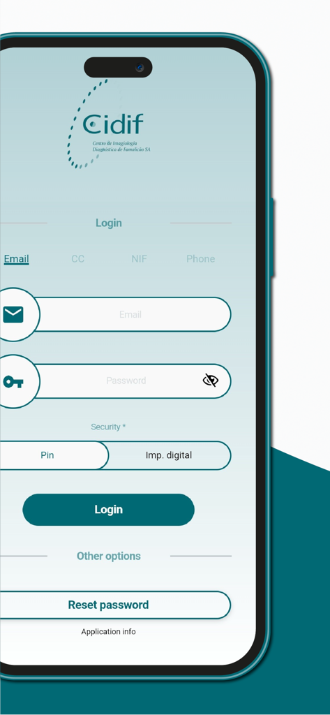 CIDIF - Tela de login do aplicativo de saúde CIDIF com opções de e-mail, senha e acesso seguro