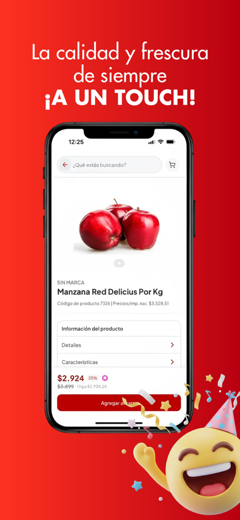 Disco Argentina mobile app showing a product page for Red Delicious apples with price and add to cart button.