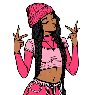 realistic teenage girl with braids and a beanie and crop top doing 🫶🏼