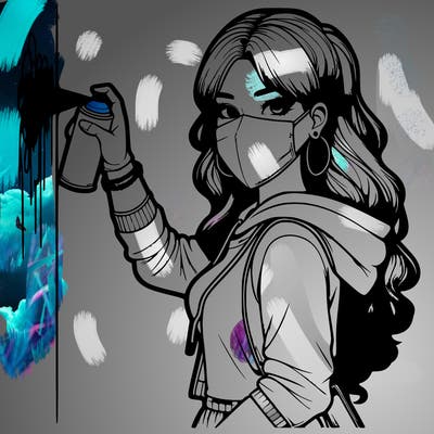 realistic girl with mask spray painting a wall