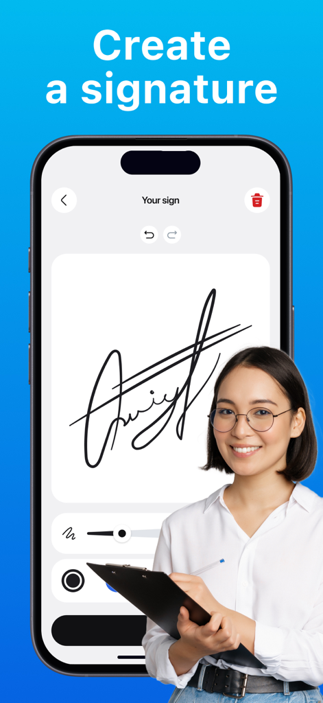 E-signature PDF: sign document - プロの女性がクリップボードを横に持って、デジタル署名作成ツールを表示した携帯電話を手に持っている。