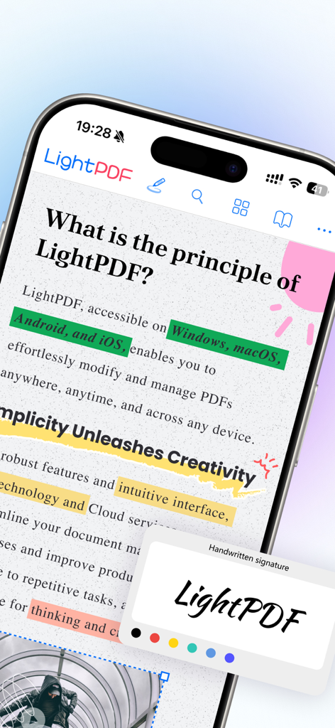 LightPDF mobile app interface showing a PDF with colorful highlights and a handwritten signature tool