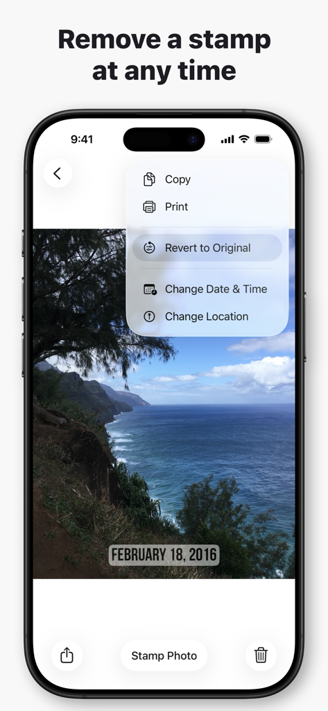 iPhone screen showing the DateStamper app menu with the option to revert a photo to its original state