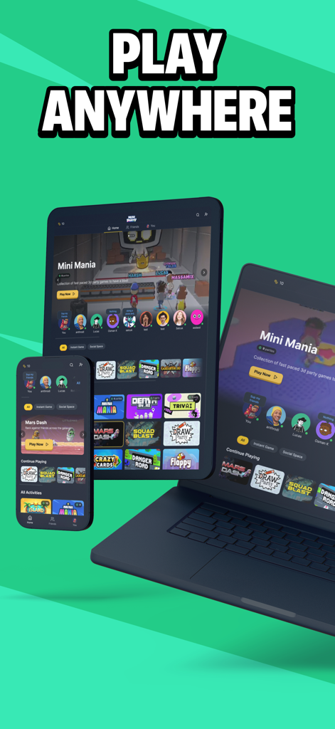 A smartphone, tablet, and laptop displaying the MiniParty app interface with the headline Play Anywhere.