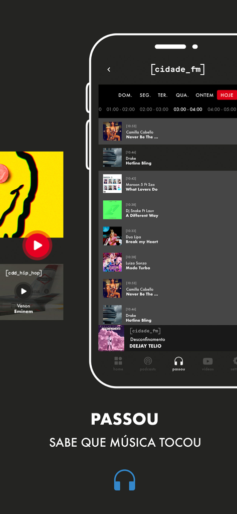 Ecrã da aplicação móvel Cidade FM exibindo uma lista de sucessos recentes.