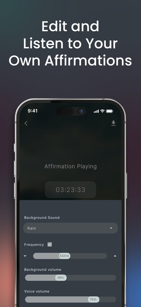 Interface do aplicativo móvel para editar e ouvir afirmações personalizadas com sons de fundo e controles de frequência