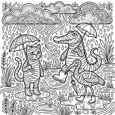 Embrace the joy of a rainy day with this unique coloring page featuring mummified animal friends. Grab your crayons and add vibrant hues to this whimsical scene, complete with umbrellas, rain boots, and playful puddles.