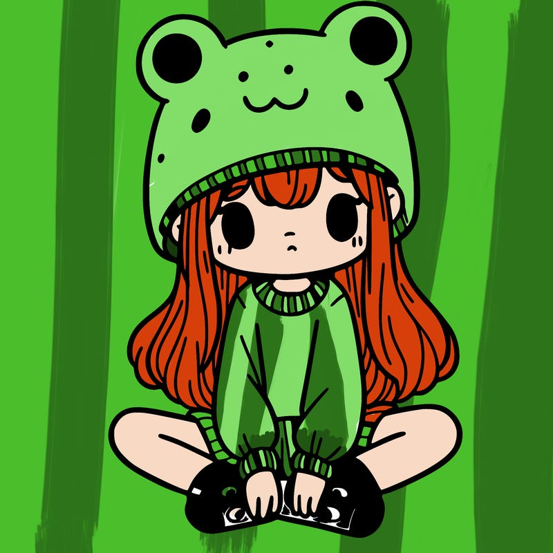 a girl wearing a frog hat and some frog socks