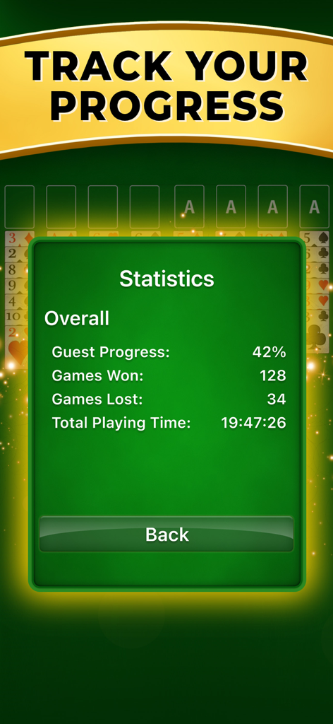 FreeCell Classicアプリの統計画面。獲得ゲーム数と進捗状況が表示されています。