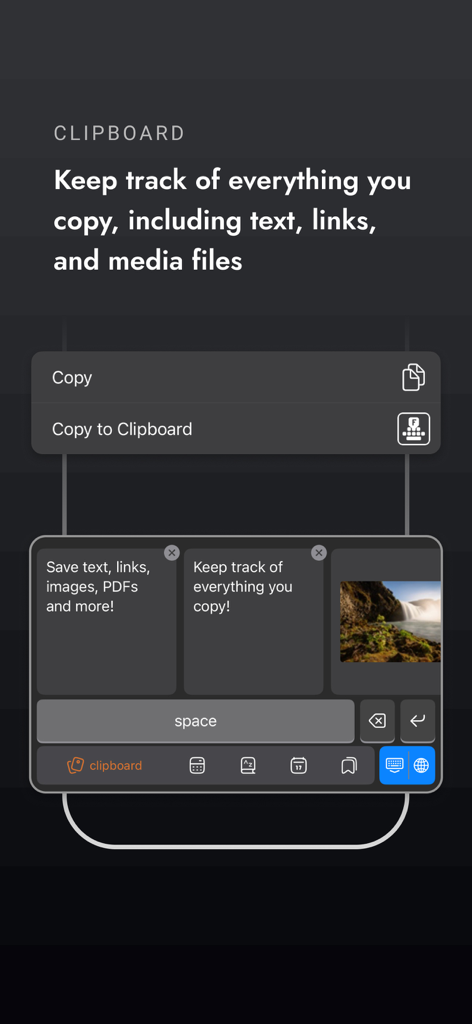 Teclado FlexiBoard mostrando la función de gestor de portapapeles con fragmentos de texto e imágenes guardados