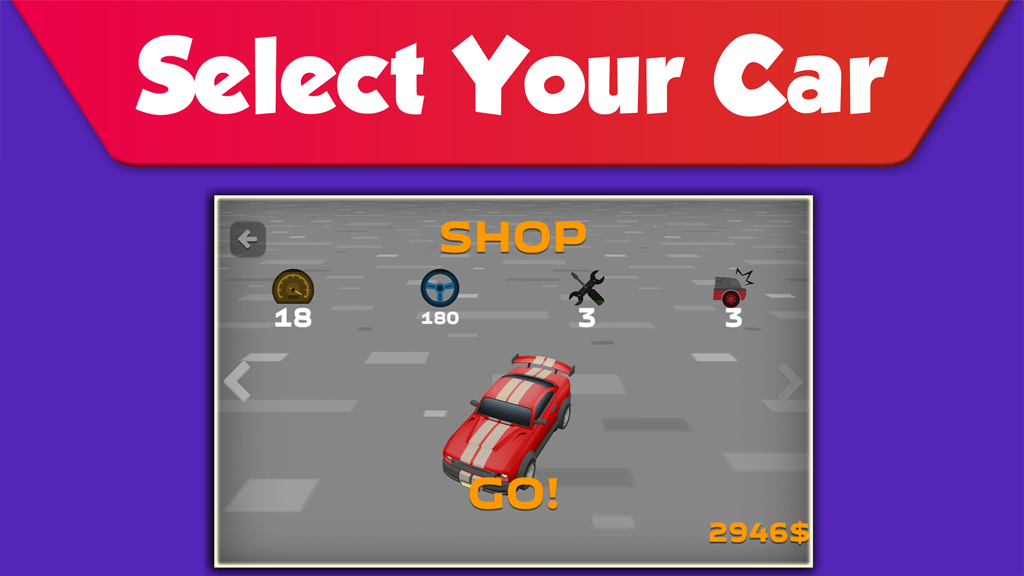 Drift Police Chase: Cop Escape - Car selection shop screen in Drift Police Chase Cop Escape game showing a red car and stats