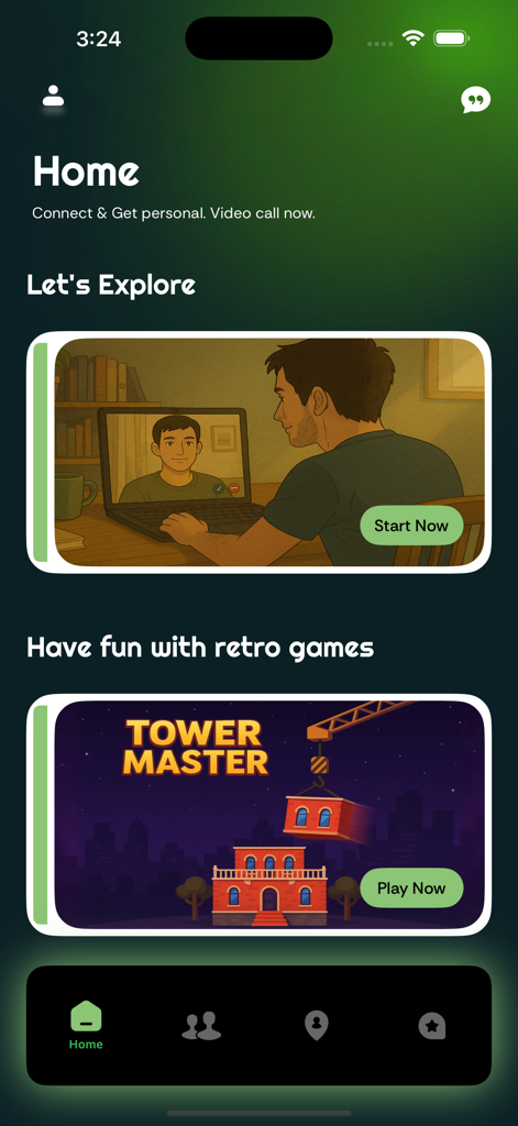 Spiko app home screen featuring a video call option and a retro game called Tower Master