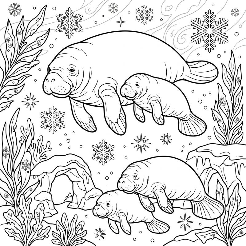 Discover the magic of a winter wonderland with our adorable manatee calves coloring page. Enjoy coloring these gentle sea cows amidst delicate snowflakes and frosty aquatic plants for a truly serene escape.