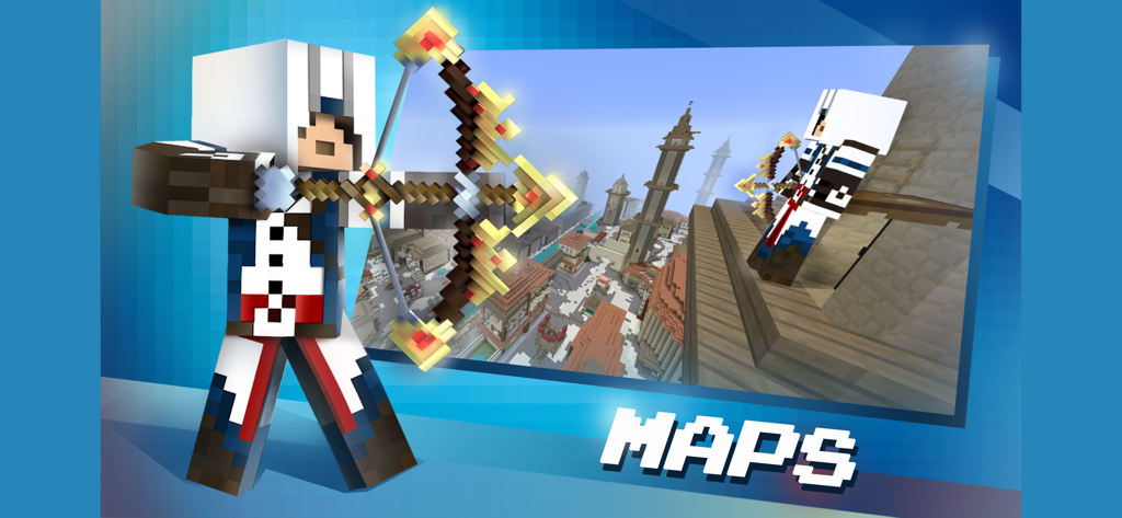 Minecraft PE character wearing an assassin skin and holding a golden bow on a custom city map