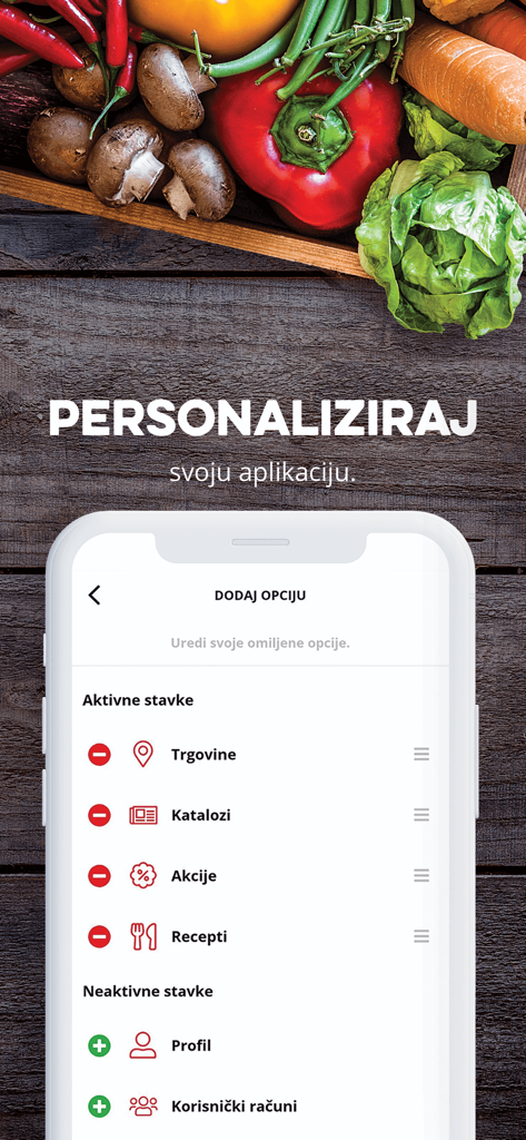 KONZUM - Captura de pantalla de la aplicación móvil Konzum que muestra opciones para personalizar funciones como tiendas, catálogos y recetas