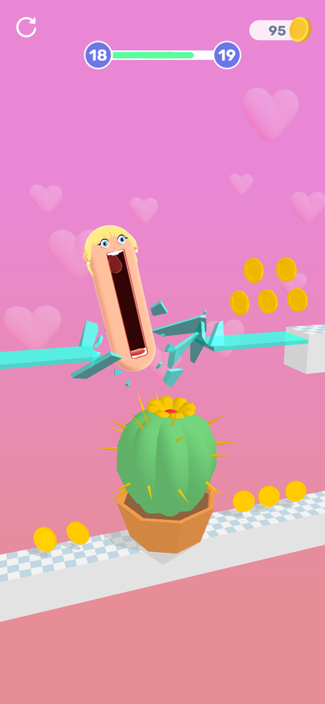 Hopping Heads: Scream & Shout - Ein blonder Charakterkopf schreit, um in einem rosa Level über einen Kaktus zu springen