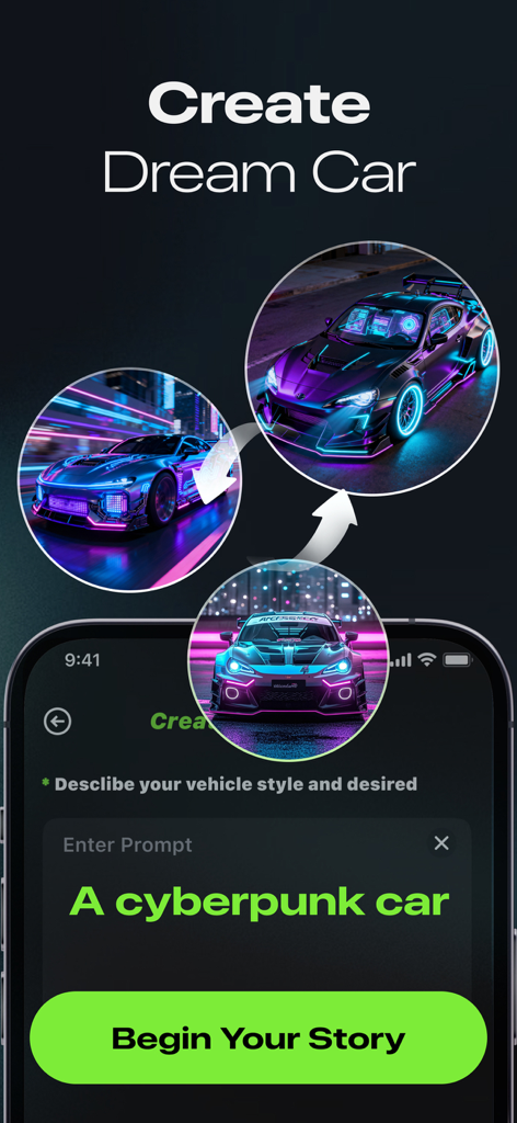 Interface de um aplicativo móvel mostrando designs futuristas de carros com IA e um prompt de texto cyberpunk.