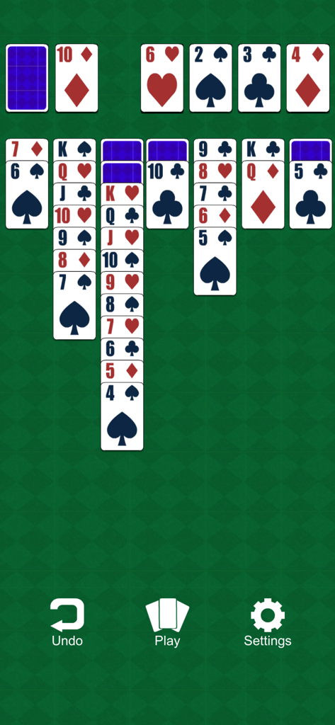 Klondike Kings Solitaire - Classic Klondike Solitaire gameplay screen with cards on a green background