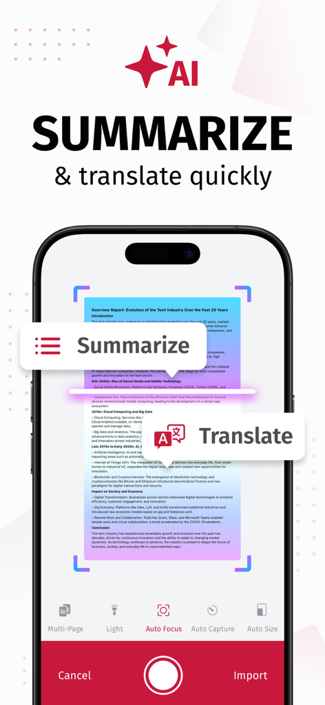 AI要約および翻訳ツールを備えたSwiftScan AIドキュメントスキャナーを表示するiPhone画面
