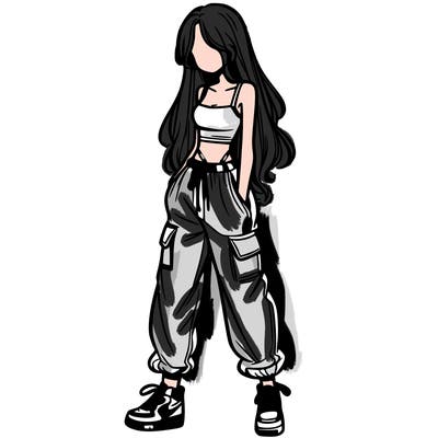 girl in baggy pants crop top and long hair