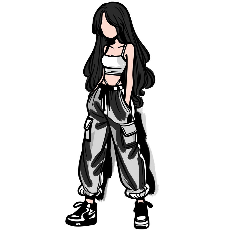 girl in baggy pants crop top and long hair