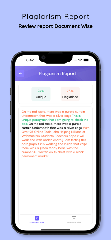 Pantalla de informe de plagio que muestra porcentajes de contenido único y plagiado